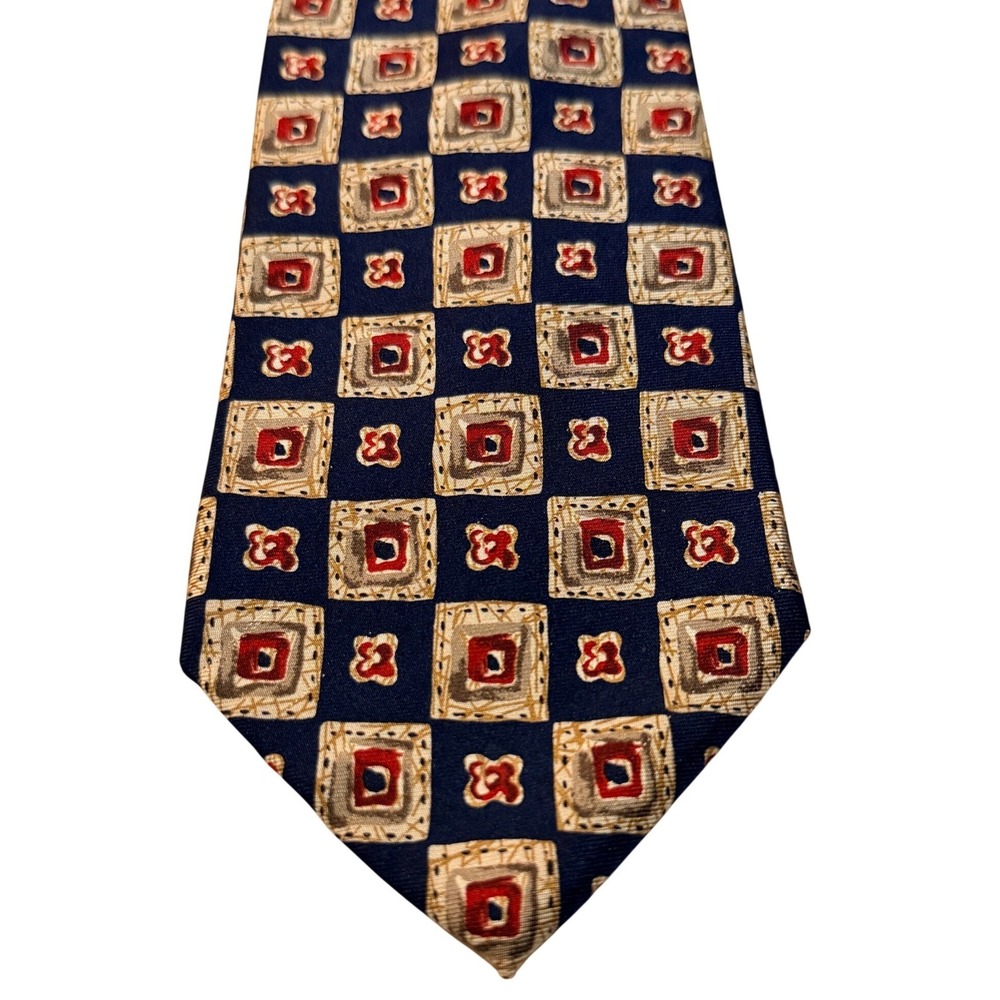 Brooks‎ Brothers Silk Tie Tan Navy Blue Red Geometric Square Preppy Classic
